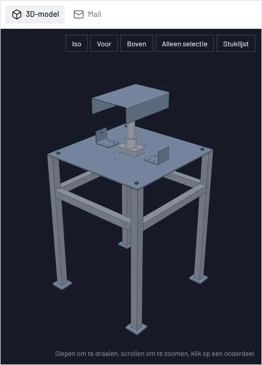 3D-weergave van een samenstelling met onderstel, plaat en as