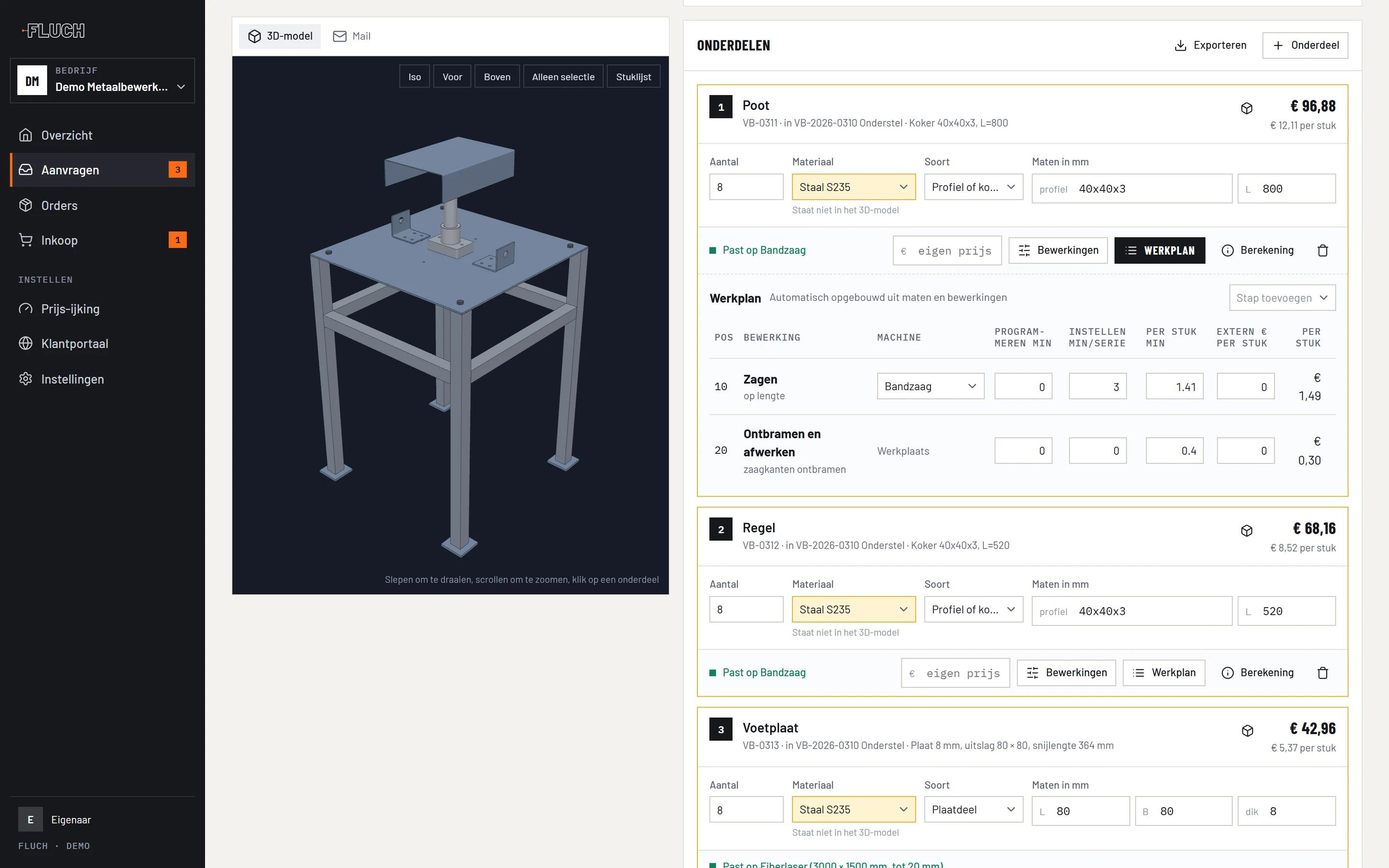 Fluch met een aanvraag: 3D-model links, onderdelen met werkplan en prijs rechts